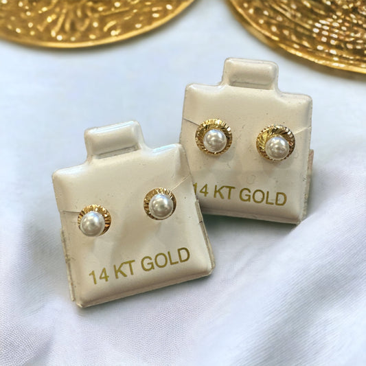 14K Gold Pearl With Diamond Cut Earrings