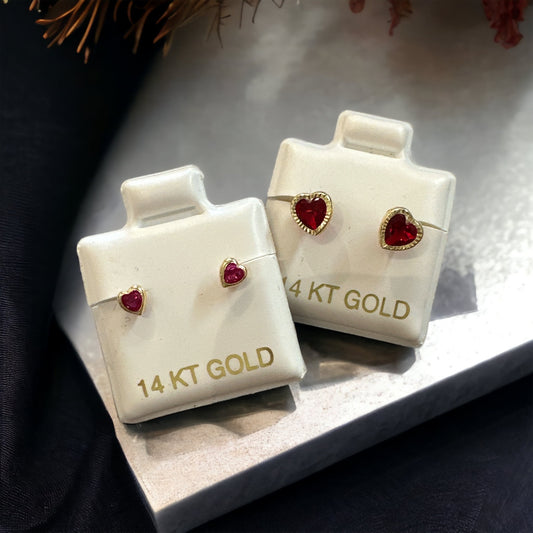 14K Gold Red Heart Earrings